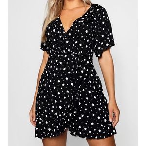 Star print ruffle wrap skater dress